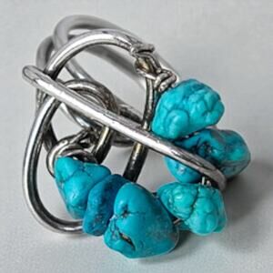 Vintage Sterling Silver Wrought Wire Blue Bead Statement Ring Size 6 Artisan